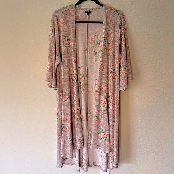 Torrid Dusky-Pink, Floral Print 3/4-Flare Sleeve, Women’s Knit Duster. Size 2X. - Picture 1 of 5